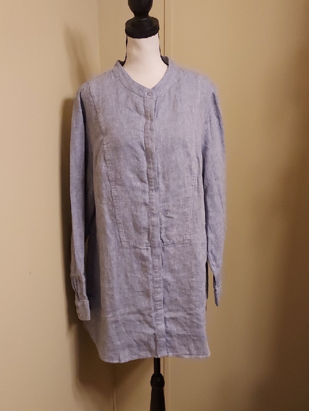 Soft Surroundings Light Blue Textured Shirt Dress With Mandarin Collar
